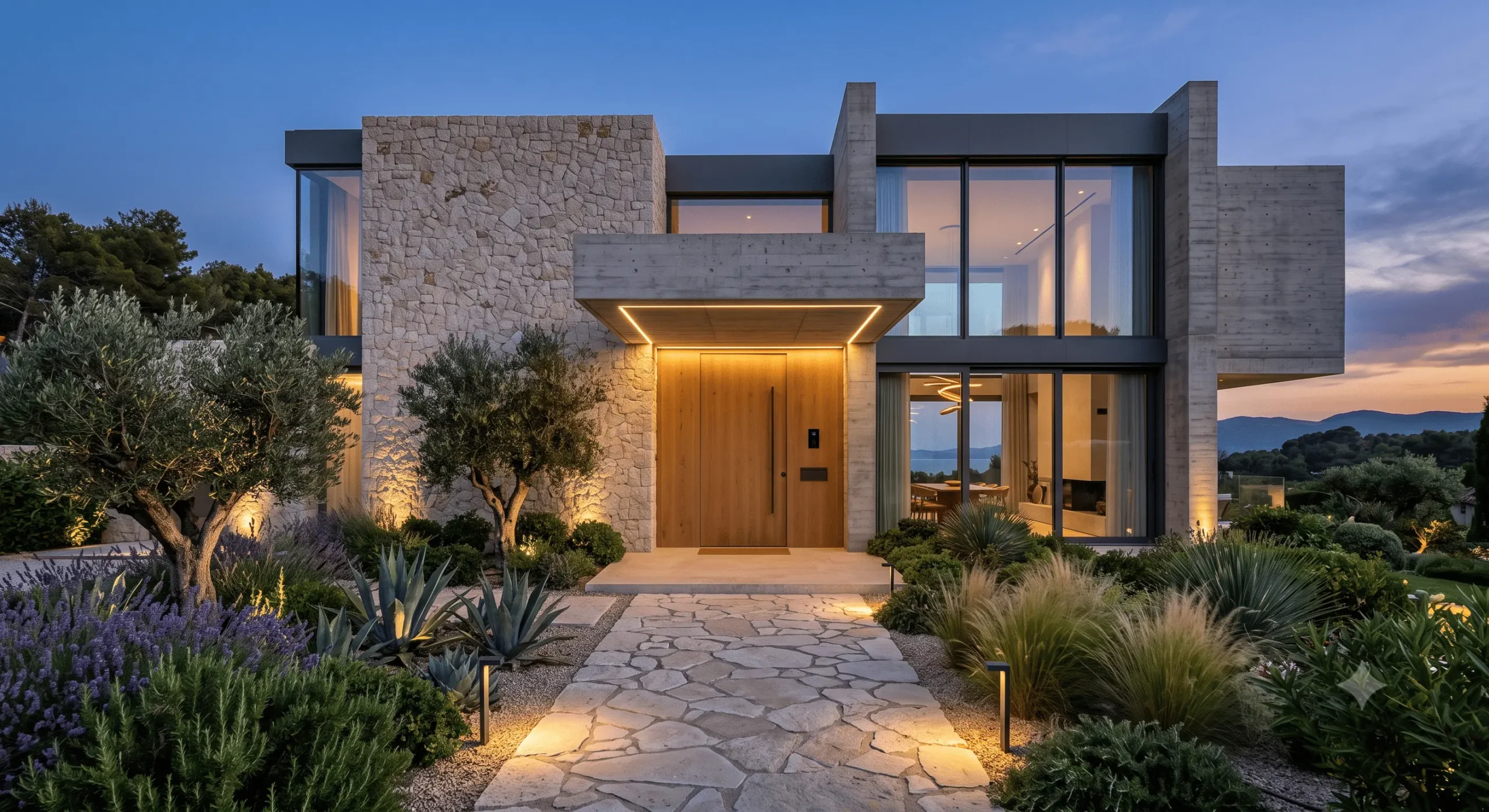 Casa contemporánea de piedra y madera al atardecer