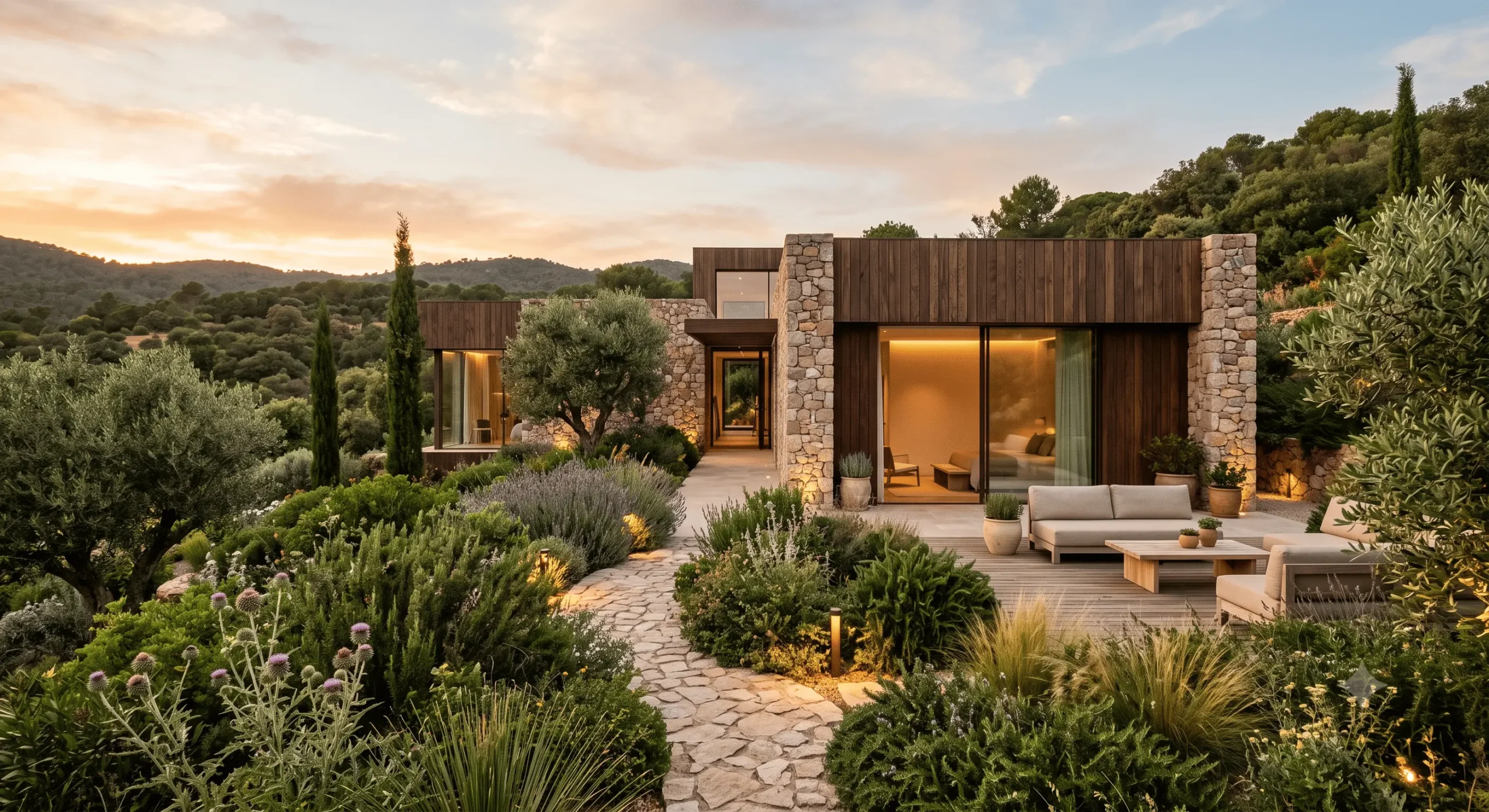 Vivienda contemporánea con terraza rodeada de vegetación