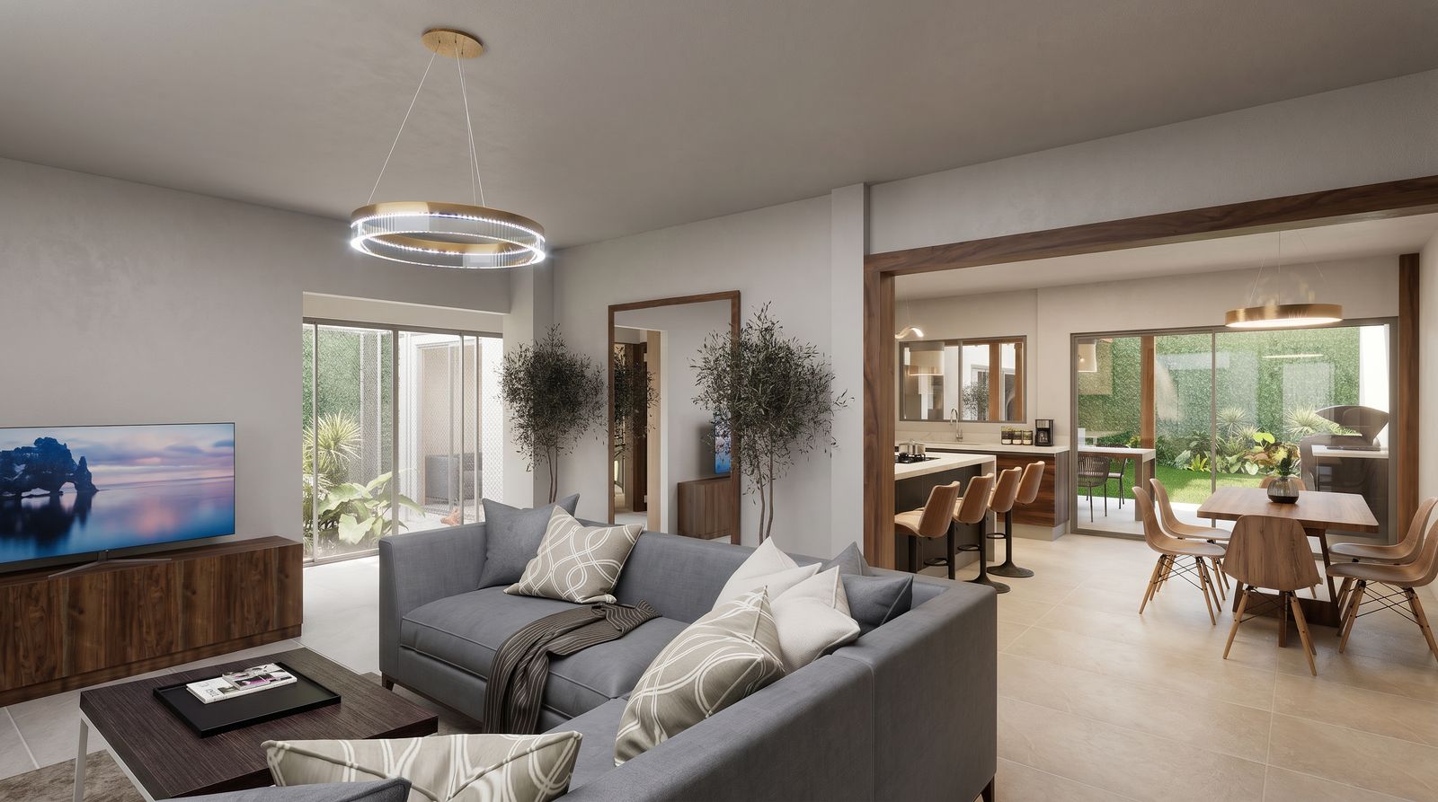 Render de una sala y comedor diseñados por Casas Total